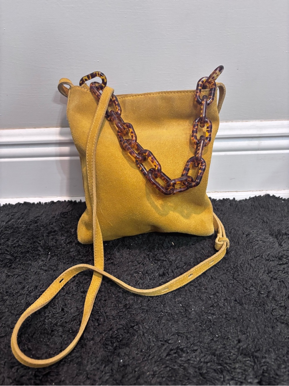 Madewell The Slim Brooklyn Crossbody Bag in Yellow Suede with Tortoise Chain